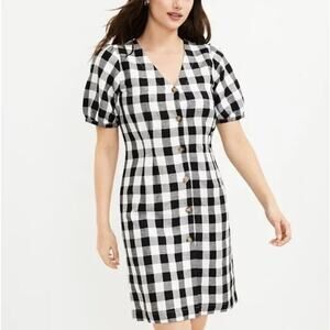 LOFT Gingham Plaid Linen Rayon Button Up Dress Size 2 Black White V-Neck NEW